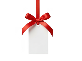 Blank white gift tag hanging from a bright red satin ribbon tied in a perfect bow, isolated on transparent background for copy space