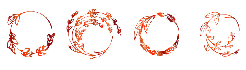 Elegant Botanical Wreath Frames Set in Soft Gold Line Art - Delicate botanical wreath frames with leaves and branches, ideal for elegant invitations, branding, packaging, and decorative design.