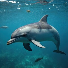 Obraz premium Gray dolphin swims in clear blue ocean water near small fish. Another dolphin is visible in background ocean depths. Underwater scene in tropical sea, wildlife marine animal.