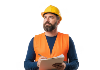 Construction worker reviewing plans isolated on transparent background