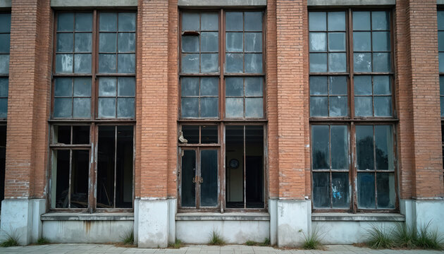 Facade of old industrial building with broken windows. Weathered brick walls and abandoned design show a vintage aesthetic. This photo evokes nostalgia for urban exploration