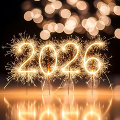 2026 written with sparklers against bokeh lights new year