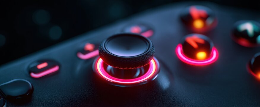 Vibrant gaming buttons and joystick shine with bright illuminated glowing lights. - Powered by Adobe