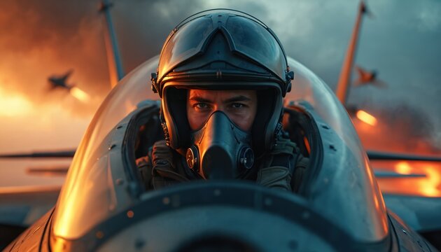 Pilot wears helmet and mask in jet cockpit during combat flight. Fighter plane flies in sky with fire and smoke at sunset. Military pilot ready for action.