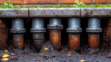 Exposed pipes in a trench, gray stone border, and brown earth