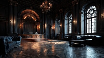 Fototapeta premium Empty american style courtroom with judge's bench and tables before civil case hearing in courthouse with grand wooden interior
