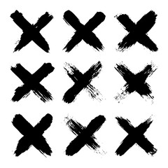 Grunge crosses, brush strokes, x mark, lines, ink smudges, hand-drawn scribble shapes. Handmade sketchy marks, acrylic stains, charcoal streaks. Paint textures, dry brush effect. Vector illustration