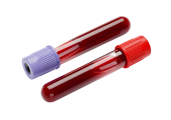 Two Blood Sample Test Tubes with Red and Blue Caps Isolated on transparent background