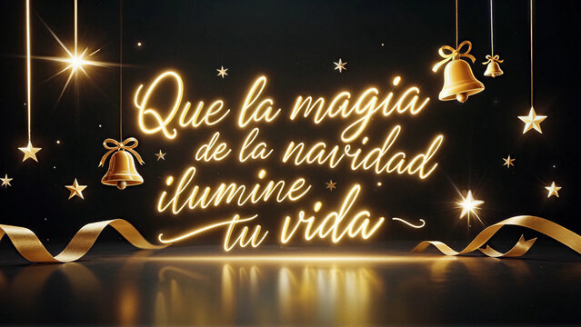 Tarjeta con mensaje navide&ntilde;o en letras doradas 