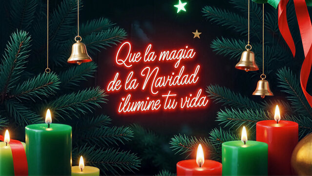 Tarjeta con mensaje navide&ntilde;o en letras de ne&oacute;n rojo