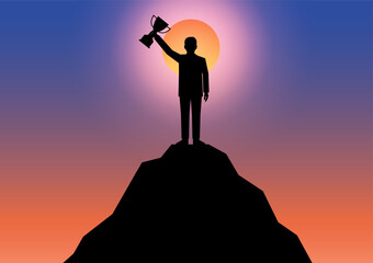 Businessman Holding Trophy on the Top of Mountain Silhouette against Sunset. Goal Achievement and Business Success Concept. Vector Illustration.