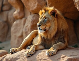Obraz premium Male lion with golden mane rests on rock formation. Majestic big cat looks alertly to side. King of jungle sunbathes. Wild animal poses peacefully.