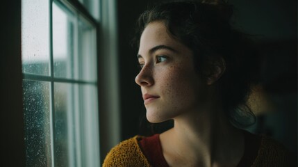 A woman looks out at raindrops on the window deep in thought as the soft light filters in.