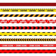 Barricade construction tape. Colorful police warning line, brightly colored danger or hazard stripe, ribbon. Restricted area, zone. Attention symbol. Vector illustration