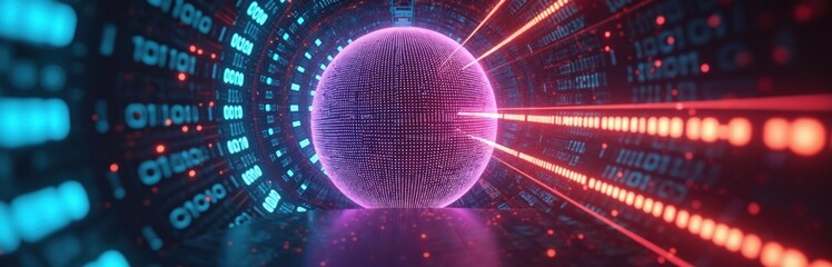 Abstract digital sphere with binary code streams. Futuristic data analysis, network security, artificial intelligence, complex computation, quantum tech.