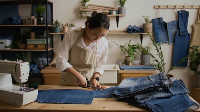 A tailor meticulously cutting denim fabric, surrounded by sewing tools and garments Stock Video