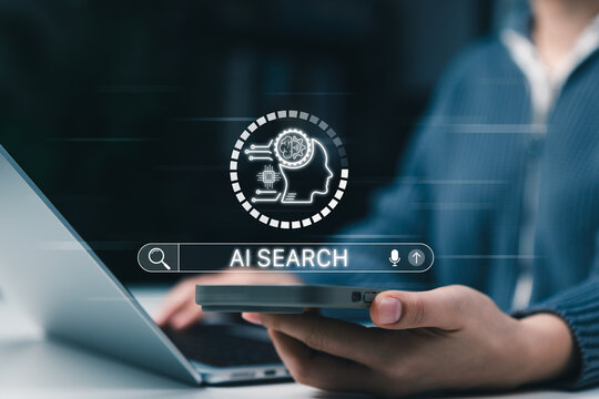 AI search engine technology and smart assistant concept. Person using smartphone and laptop with digital search bar and artificial intelligence icon for data analysis and automation. Chatbot, AEO, GEO