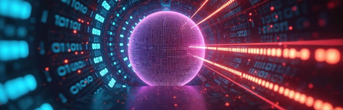Abstract digital sphere with binary code streams. Futuristic data analysis, network security, artificial intelligence, complex computation, quantum tech. - Powered by Adobe