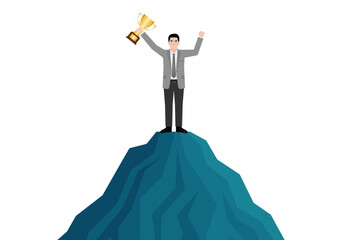 Businessman Holding Trophy on the Top of Mountain. Goal Achievement and Business Success Concept. Vector Illustration.