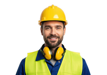 Smiling construction worker wearing safety gear isolated on transparent background