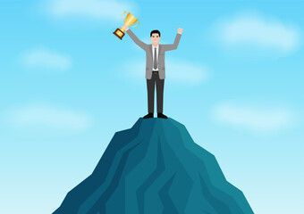 Businessman Holding Trophy on the Top of Mountain. Goal Achievement and Business Success Concept. Vector Illustration.
