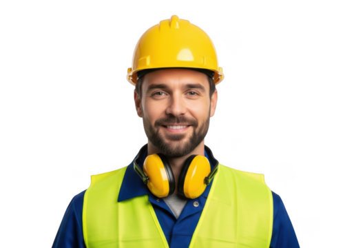 Smiling construction worker wearing safety gear isolated on transparent background - Powered by Adobe