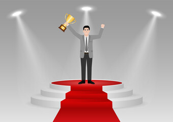 Businessman Holding Trophy on Stage Podium. Goal Achievement and Business Success Concept. Vector Illustration.