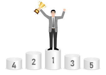 Businessman Holding Trophy on Sport Podium. Goal Achievement and Business Success Concept. Vector Illustration.