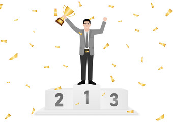 Businessman Holding Trophy on Sport Podium. Goal Achievement and Business Success Concept. Vector Illustration.