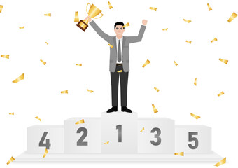Businessman Holding Trophy on Sport Podium. Goal Achievement and Business Success Concept. Vector Illustration.