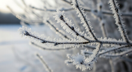 Delicate frost crystals sparkle on bare tree branches in a serene winter landscape.