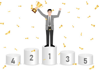 Businessman Holding Trophy on Sport Podium. Goal Achievement and Business Success Concept. Vector Illustration.