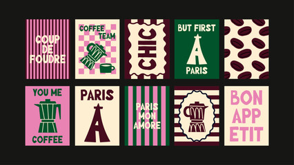 Contemporary French posters with cafe motifs, minimal food icons, charming text and popular illustrated style.