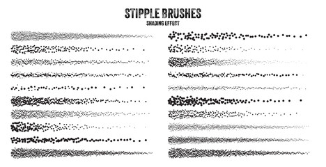 Ink scatter brush, stipple drawing and texturing. Fading gradient. Stippling, dotwork drawing, shading using dots. Halftone disintegration effect. White noise grainy texture. Vector illustration