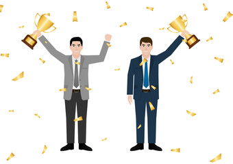 Businessman Holding Trophy. Goal Achievement and Business Success Concept. Vector Illustration.