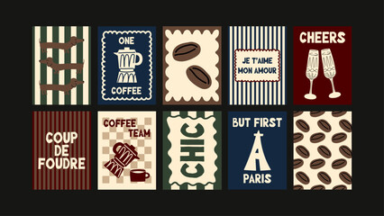 Cute Paris themed poster collection with coffee illustrations, dogs, typography and soft modern doodle aesthetics. © cutemole