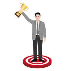 Businessman Holding Trophy. Goal Achievement and Business Success Concept. Vector Illustration.