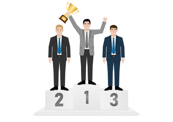 Businessman Holding Trophy on Sport Podium. Goal Achievement and Business Success Concept. Vector Illustration.