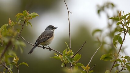Obraz premium Small grey and white bird with intricate feather patterns perched gracefully on a tree branch amidst lush green foliage, showcasing natural beauty in soft light.