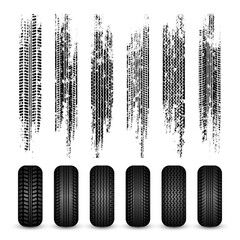 Grunge tire tracks, rubber wheels, and braking marks. Truck, car, or motorcycle tread pattern silhouettes. Perfect for auto racing, motorsport, and speed-related designs. Vector illustration