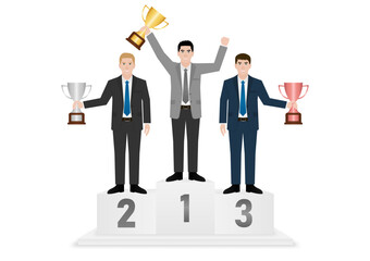 Businessman Holding Trophy on Sport Podium. Goal Achievement and Business Success Concept. Vector Illustration.