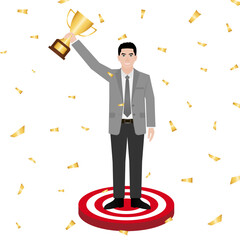 Businessman Holding Trophy. Goal Achievement and Business Success Concept. Vector Illustration.