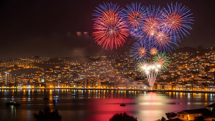 Naklejka premium Vibrant fireworks display over illuminated cityscape at night