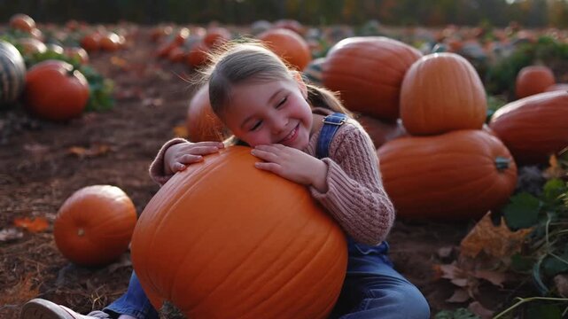 A joyful girl embraces a pumpkin in a vibrant pumpkin patch Stock Video