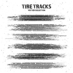 Grunge tire tracks with mud splatters, dirty wheel braking marks. Truck, car, or motorcycle tread pattern silhouettes. Perfect for off-road, motorsport, and racing designs. Vector illustration