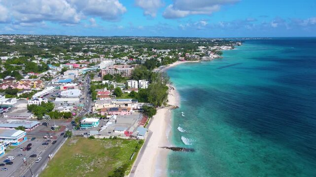 Rockley Beach and Accra Beach Hotel aerial view at South Coast in village of Hastings, Christ Church Parish, Barbados. 