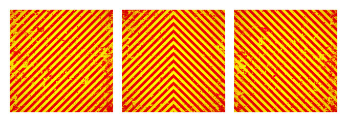 Warning sign with yellow and red diagonal lines. Attention, danger or caution symbol. Construction site signage, road safety notice, hazard banner, security alert shield. Vector illustration