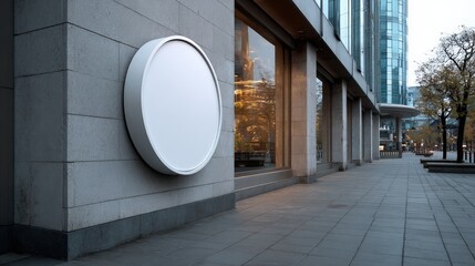 Round blank sign hangs on building facade with bench beneath it, outdoor setting, ready for customization, providing a space for promotion