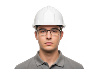 Construction worker in safety helmet isolated on transparent background