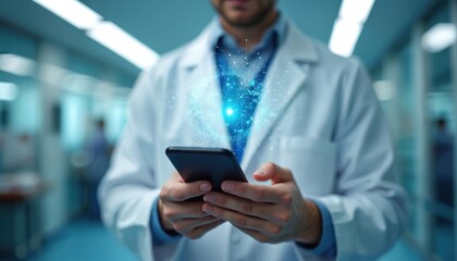 Doctor uses smartphone for medical data. Digital network graphics show health info transmission. Modern healthcare tech connects patient data remotely.